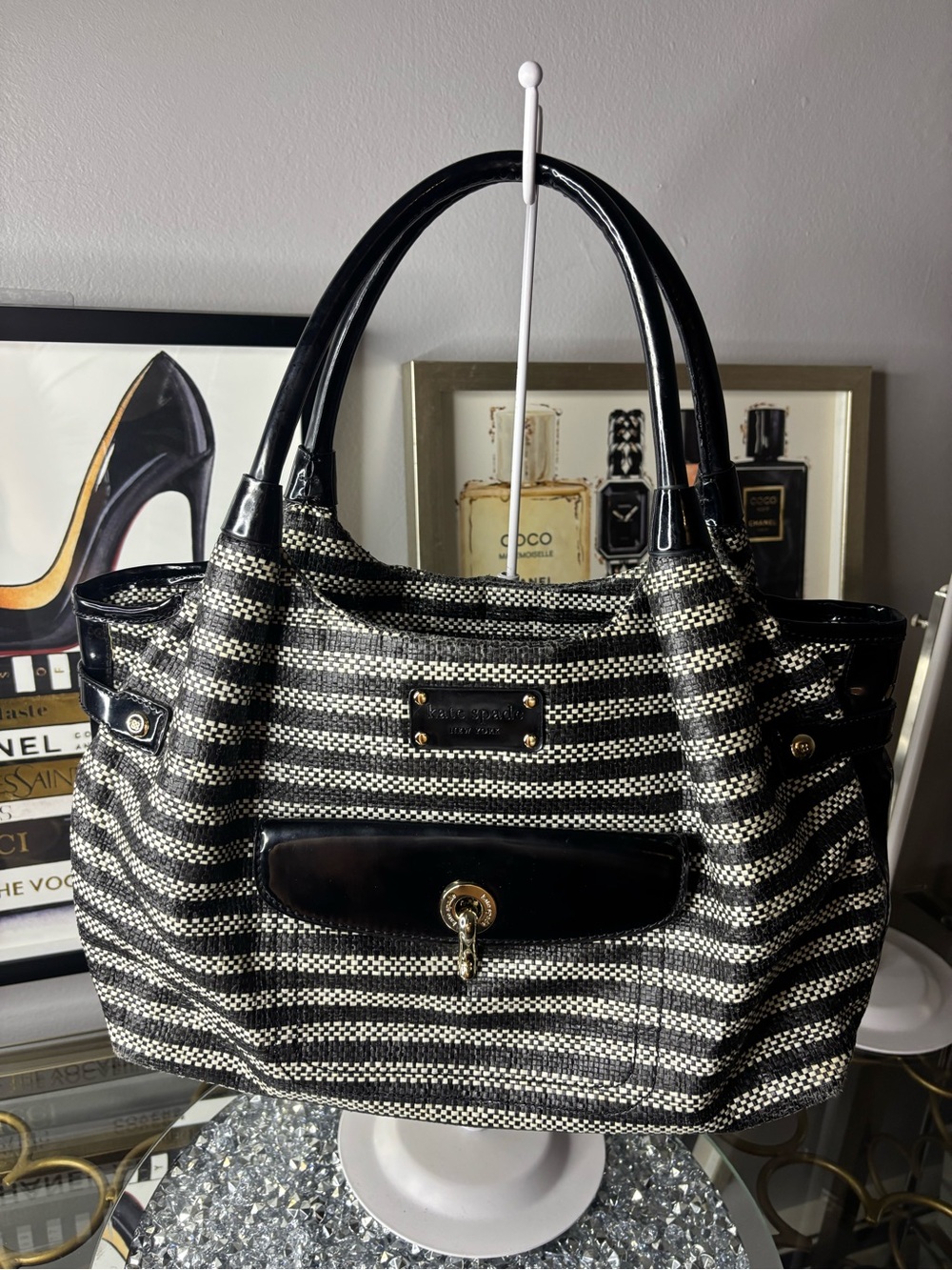Vintage Black and White Striped Satchel
